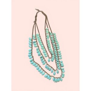 Boho Turquoise Blue Teardrop Multi Strand Statement Necklace Gold Tone Bib